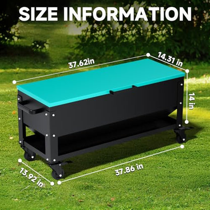 Heavy Duty Chicken Feeder 120 lbs Large Capacity, Metal Automatic Poultry Feeding Box with Waterproof Lid, Raised Standing Feeder with Wheels for Hens & Roosters, Portable & Easy to Move - color: Green