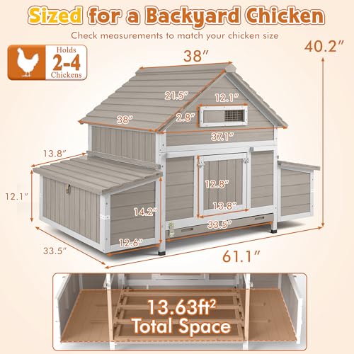 Ketive Large Chicken Coop for 2–4 Chickens Outdoor Poultry Cage Wooden Hen House with 6 Nesting Boxes, Reinforced Boxes, Dual Ramp Doors, Curved Wood Roof, Tray, Expandable (61.1"L x 38"W x 40.2"H) - size: 61.1"L x 38.0"W x 40.2"H