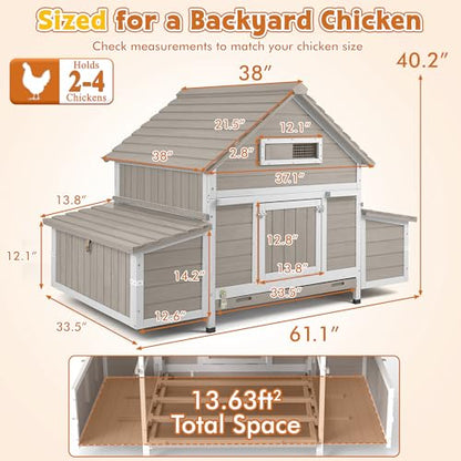 Ketive Large Chicken Coop for 2–4 Chickens Outdoor Poultry Cage Wooden Hen House with 6 Nesting Boxes, Reinforced Boxes, Dual Ramp Doors, Curved Wood Roof, Tray, Expandable (61.1"L x 38"W x 40.2"H) - size: 61.1"L x 38.0"W x 40.2"H