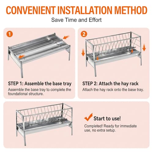 98 Gallon Goat Hay Feeder, Stainless Steel Hay Feeder, 3-in-1 Water, Grain& Feed Trough with 63" Long Hay Rack for Farm, Cow/Horse/Goat Feeders