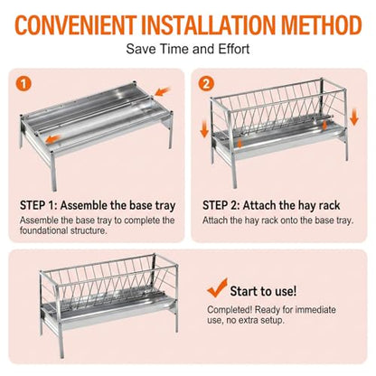 98 Gallon Goat Hay Feeder, Stainless Steel Hay Feeder, 3-in-1 Water, Grain& Feed Trough with 63" Long Hay Rack for Farm, Cow/Horse/Goat Feeders
