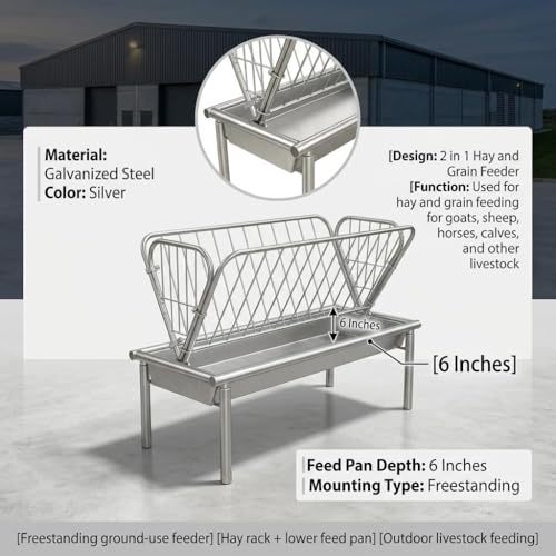 Galvanized Steel Hay Feeder, 2 in 1 Outdoor Livestock Feeder with Extra Wide Feed Pan, Durable Pasture Feeder for Goats Sheep Horses Calves Cows Ponies