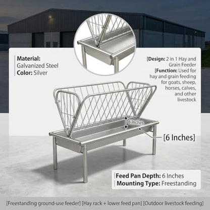 Galvanized Steel Hay Feeder, 2 in 1 Outdoor Livestock Feeder with Extra Wide Feed Pan, Durable Pasture Feeder for Goats Sheep Horses Calves Cows Ponies