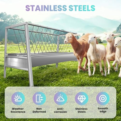 Pasture Feeder, Heavy Duty 77 Gallon Goat Hay Feeders, Stainless Steel Hay Feeder for Horses 59”, Easy Assembly for Goats, Sheep, and Horses, Ideal for Farm Use (Silver Stainless Steel)