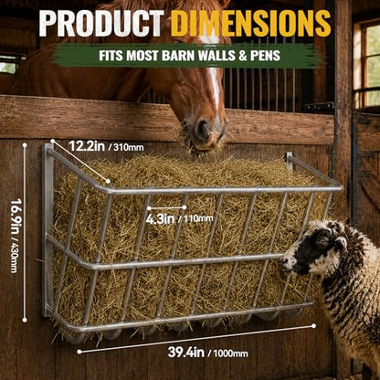 25 Gallon Wall Mount Hay Feeder, Metal Hay Rack for Goats and Horses | Galvanized steel, livestock feeding rack, barn stall feed holder, space-saving, rounded edges, easy install - color: 25 Gallon