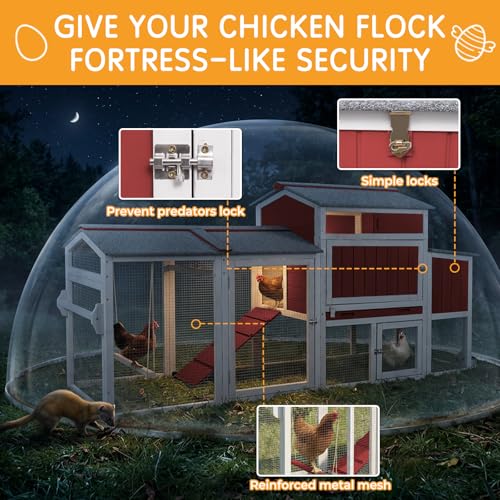 Chicken Coop with Run, Weatherproof Mobile Chicken Tractor Hen House with Wheels, Nesting Box, Roosting Bars, Pull-Out Tray, Asphalt Waterproof Roof & Fun Swing for Chickens Quails Red - color: Red