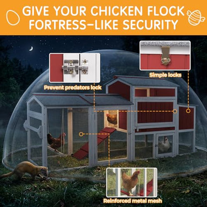 Chicken Coop with Run, Weatherproof Mobile Chicken Tractor Hen House with Wheels, Nesting Box, Roosting Bars, Pull-Out Tray, Asphalt Waterproof Roof & Fun Swing for Chickens Quails Red - color: Red