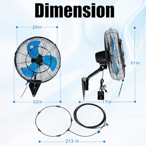 20 Inch Wall Mount Fan with Mist, Powerful Airflow Oscillating Fans | Max 7100CFM Heavy Duty Industrial Wall Mounted Fan with 17.5FT Misting Hose for Garage, Factory, Patio, Greenhouse, Porch - color: 20" Blue-Misting