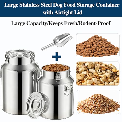 15 Lbs Stainless Steel Dog Food Storage Container with Scoop, Large Metal Dog Food Bin with Airtight Lid & Locking Clamp, Pet Food Container for Dogs & Cats, Keep Fresh, Easy to Clean - size: 15 Lbs