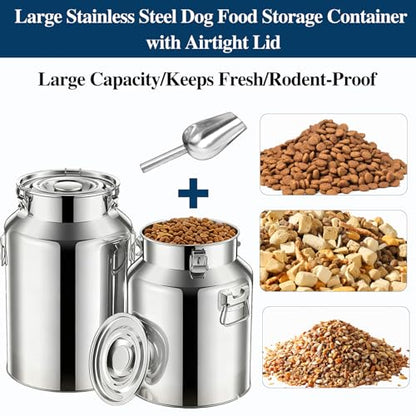 15 Lbs Stainless Steel Dog Food Storage Container with Scoop, Large Metal Dog Food Bin with Airtight Lid & Locking Clamp, Pet Food Container for Dogs & Cats, Keep Fresh, Easy to Clean - size: 15 Lbs