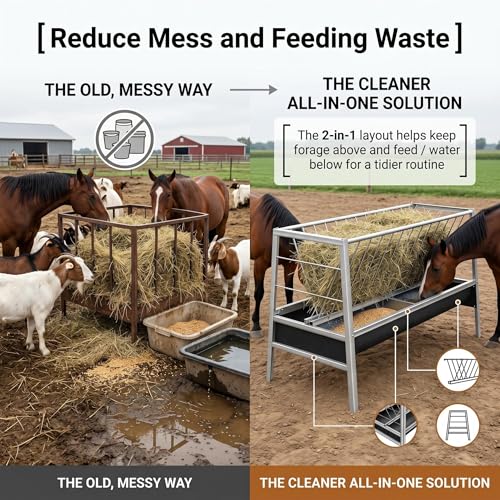 Anti-Waste 77 Gallon Hay Feeder, Premium Stainless Steel Feeder with Rubber Base Trough, Heavy Duty Farm Equipment for Goats, Sheep, Calves and Horses Daily Feeding