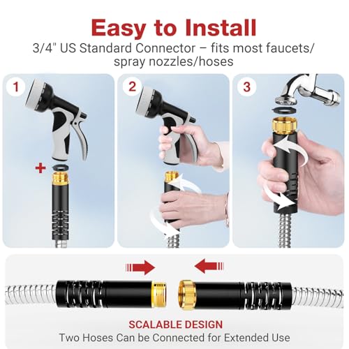 Lefree 100ft Metal Garden Hose - Heavy Duty 304 Stainless Steel Flexible Water Hose, No Kinks & Leak-Proof with Upgraded Handle, 10-Function Spray Nozzle & 4 Spare Gaskets for Yard, RV, Pet Bath - color: Gray, size: 100FT