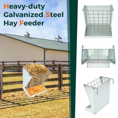 KUAFU Hay Feeder 2 in 1 Hay Rack Wall Mount Goat Feeders，Heavy Duty Galvanized Steel Hanging Feeders for Farm Livestock Small Goat & Sheep Grain Indoor Outdoor Uses | Galvanized Steel Hanging Feeders for Farm Livestock Small Goat & Sheep Grain Indoor Outd