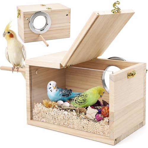 Rypet Parakeet Nesting Box Transparent Design, Thwartwise Bird Nest Breeding Box with Perch Wood Bird Cage House for Cockatiel Lovebirds Budgie Finch Parrotlets Canary S - size: Small