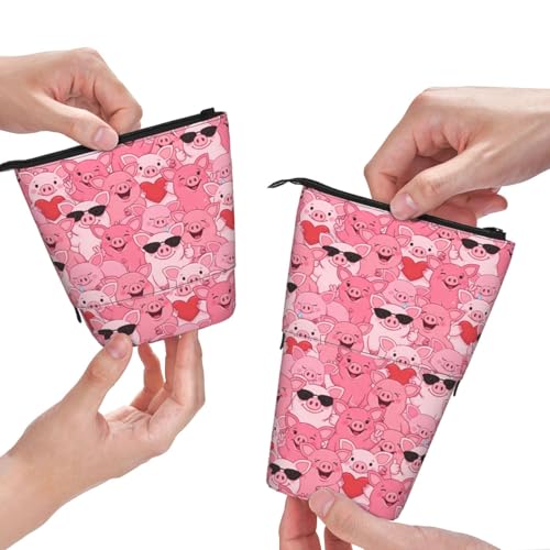 Funny Pink Pig Standing Pencil Case Cute Telescopic Stationary Pouch with Zipper Large Capacity Stand up Pen Bag Portable Makeup Holder for School Office Supplies - color: Pig