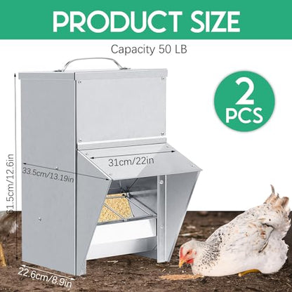 Uiifan 2 Pcs 50 lb Galvanized Chicken Feeder Weatherproof Poultry Metal Food Dispenser with Lid Chicken Duck Food Dispenser Rat Proof Feeder for Poultry Geese Quails Bantams Ducks and Turkey - size: 50 lb