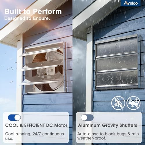 Amico 12 Inch Shutter Exhaust Fan with Remote,Energy Efficient &Quiet 25W DC Motor 1200 CFM Wall Mount Ventilation Fan for Garage,Greenhouse,Attic&Chicken Coop,9-Speed Adjustable,Plug In,Timer,FCC - size: 12 inch