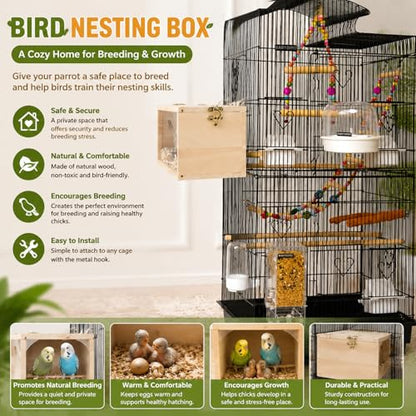 Rypet Parakeet Nesting Box Transparent Design, Thwartwise Bird Nest Breeding Box with Perch Wood Bird Cage House for Cockatiel Lovebirds Budgie Finch Parrotlets Canary S - size: Small