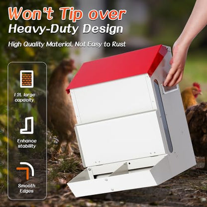 Automatic Chicken Feeder No Waste, Wall Mount| Weatherproof| Mess Free | Galvanized Hanging Poultry Feeder with Lid| Metal Chicken Feeder Trough Food Dispenser for Duck Geese|Hens| Turkeys Coop