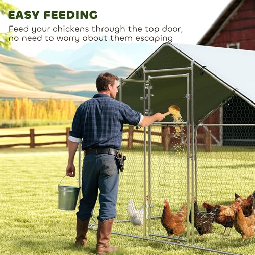 PawHut Large Metal Chicken Coop, Walk in Chicken Run with Waterproof & Anti-UV Cover, Feeding Door, Hanging Feeder, Perch, Outdoor Duck Cage Rabbit Hutch Pen, for 24-30 Poultries, 9.8' x 26.2' x 6.4' - size: 315.0"L x 118.1"W x 76.8"H