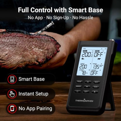 ThermoMaven Sub-1G Wireless Meat Thermometer, No App, 2 Ultra-Thin Probes | 3000FT Open Range, Standalone Base, 6 Sensor NIST Accuracy, IPX8 Waterproof, BBQ Smoker Grill Oven Brisket Steak Turkey Pork - color: Black