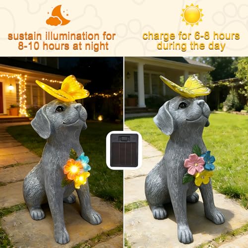Dog Garden Statue Solar Butterfly, Dogs Figurines with Lantern Outdoor Patio Yard Decor Ideal Birthday Housewarming Gifts ,Dad Mom Grandma Dog Lovers, Beautifully Crafted Decorations to Wow Guests - style: grey dog