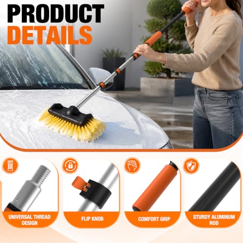 LAANPOLE 16FT Car Wash Brush with Long Handle, Car Cleaning Brush with 12 Inch Soft Bristle, Solar Panels Cleaner with Telescoping Pole for RV, Truck, Boat