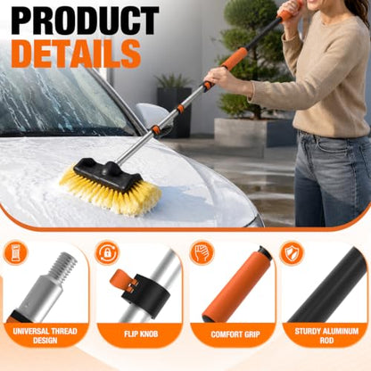 LAANPOLE 16FT Car Wash Brush with Long Handle, Car Cleaning Brush with 12 Inch Soft Bristle, Solar Panels Cleaner with Telescoping Pole for RV, Truck, Boat