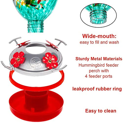 REZIPO Hummingbird Feeder with Perch - Hand Blown Glass - 38 Fluid Ounces Hummingbird Nectar Capacity Include Hanging Wires and Moat Hook (Half Red) - color: Half Red