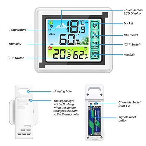 Number-one Wireless Weather Station Indoor Outdoor Thermometer with Remote Sensor, Digital Temperature and Humidity Monitor with LCD Backlight, Touchscreen, Min/Max Records for Home, Office, Baby Room