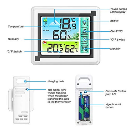 Number-one Wireless Weather Station Indoor Outdoor Thermometer with Remote Sensor, Digital Temperature and Humidity Monitor with LCD Backlight, Touchscreen, Min/Max Records for Home, Office, Baby Room