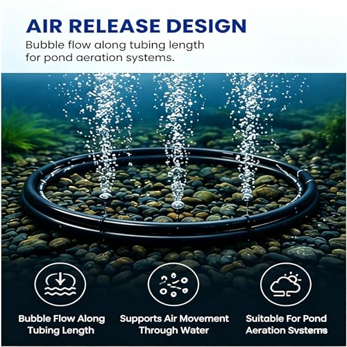 Self Sinking Aeration Hose, 3/8" ID 656FT, Sturdy PVC Line, Packaged with 4 Brass Connectors & 4 Stainless Clamps for In-ground Ponds, Home Garden and Small Farm Water Bodies