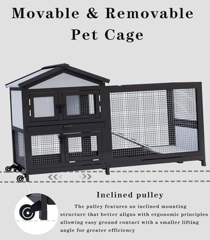 Uoyotar 57" Indoor Rabbit cage,Rabbit Hutch Bunny Cage Outdoor Guinea Pig Cage Small Chicken Coop with 2 Wheels with Bedding, Pull Out Tray no Leak,Waterproof Roof,2 Story Solid - size: 58.0"L x 22.1"W x 32.4"H