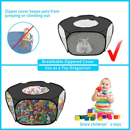 Guinea Pig Playpen, Waterproof Small Animals Playpen with Anti Escape Cover Portable Cat Playpen Breathable Indoor/Outdoor Yard Exercise Cage Tent for Hamster Puppy Chinchillas Rabbits(Black)