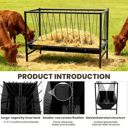 Heavy Duty 2-in-1 Pasture Hay Feeder, Livestock Feeder 70 Gallon, Galvanized Metal Goat Feeder with 2 Trays, Hay Grain Livestock Feeder for Sheep, Calf, Cow and Horse - color: Black Carbon Steel