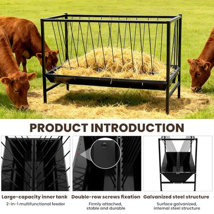 Heavy Duty 2-in-1 Pasture Hay Feeder, Livestock Feeder 70 Gallon, Galvanized Metal Goat Feeder with 2 Trays, Hay Grain Livestock Feeder for Sheep, Calf, Cow and Horse - color: Black Carbon Steel