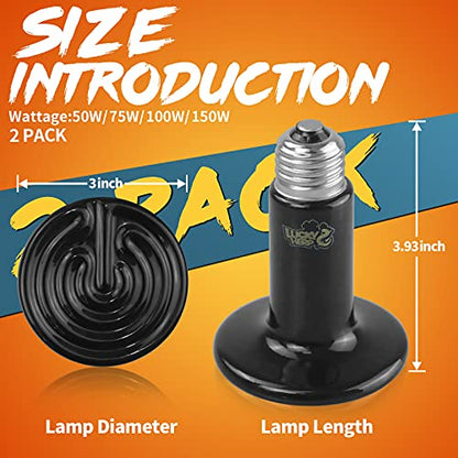 LUCKY HERP 100W Ceramic Heat Emitter, Reptile Heat Bulbs, Ceramic Heat Lamp for Reptiles, Amphibian, Chicken, Dog, Cat (2-Pack) - size: 100