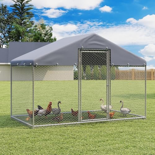 Metal Chicken Coop, Large Walk-in Chicken Run with Waterproof Cover, Spire Roof Hen House Poultry Cage for Outdoor, Backyard,Farm(6.43'Wx9.71'Lx6.41'H) - size: 116.5"L x 76.8"W x 76.5"H