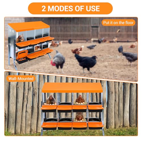 8-Hole Chicken Nesting Box, 2-Tier 8 Compartment Metal Roll Away Egg Laying Box with Lid & Legs, Easy Egg Collection, Galvanized Steel Rustproof Poultry Laying Boxes for Hens, Ducks, Farm, Yard - size: 8 holes with legs-Orange