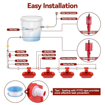 Kalolary Complete Set Automatic Chicken Drinking System, Upgraded Extra Large Poultry Chicken Waterer Cup with Stainless Steel PVC Pipeline，Float Valve and Tank Connector Kit(66 Accessories Included)