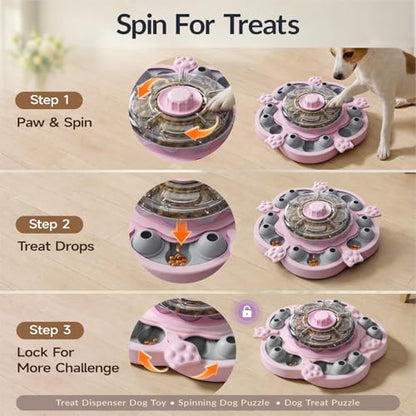 KADTC Dog Puzzle Toy, 3 Levels of Step-by-Step Challenge, Spin-to-Release Treat Dispenser, Slow Feeder & Mental Stimulation Enrichment Toy for Small Medium Large Dogs - color: Pink