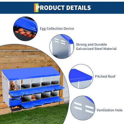 Chicken Nesting Box with Roll Away Design, 2-Layer Hen Nesting Boxes with Legs and Removable Lid, Easy Egg Collection, Cleanable Pull-Out Roosting Box for Chickens - color: Blue, size: 10 holes