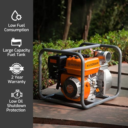 NOVUS Semi Trash Pump 3 Inch, 212cc 4 Cycle Engine, 238 GPM 100ft Lift 23ft Suction, Gas Powered Water Pump for Pond Pool Draining Gardening Irrigation, EPA Certified - size: 3" Semi Trash Pump