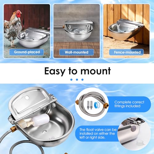 Metal Automatic Chicken Waterer with Float Valve, Stainless Steel Duck Waterer No Mess Outdoor Wall Mounted Chicken Water Dispenser with Hose and Drain Plug for Chicken Coop