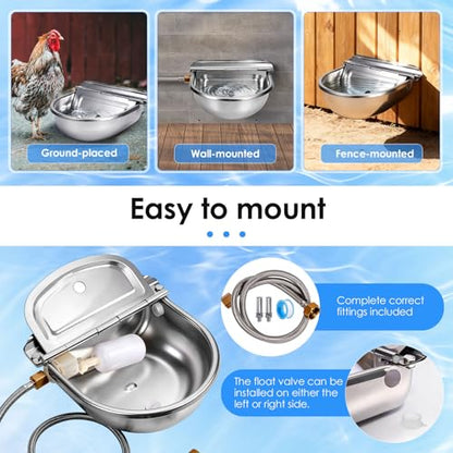 Metal Automatic Chicken Waterer with Float Valve, Stainless Steel Duck Waterer No Mess Outdoor Wall Mounted Chicken Water Dispenser with Hose and Drain Plug for Chicken Coop