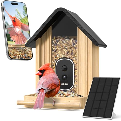 Smart Bird Feeder Camera with Solar Panel, Bamboo | 2.5K UHD, AI Identification, Real-time Videos & Pictures, Wireless Solar Powered Outdoor, Ideal Garden Decor & Bird Watcher - color: Brown
