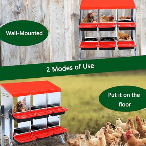 Chicken Nesting Boxes, 6 Holes Metal Chicken Egg Laying Box with Swing Perch and Rollout Egg Collection,for Various Chicken Breeds with Stand - Red 0.6mm - color: Red 0.6mm-6 Holes, size: With Stand