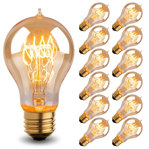 Warm Incandescent Light Bulbs 60 Watt,A19/A60 Vintage Style Edison Bulbs E26,Soft Yellow Light Bulbs,Amber Bulbs,Retro Light Bulb Old Fashioned,Halogen Dimmable Edison Bulb Squirrel Cage 12 Pack - size: 12 Count (Pack of 1)