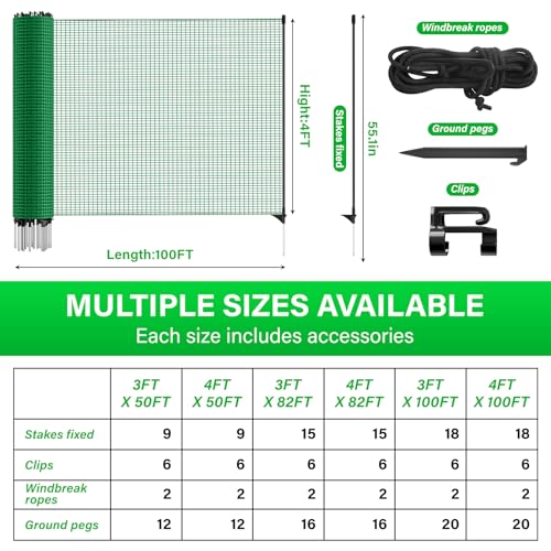 Temporary Fence with Posts, 4‘x100‘ Animal Barrier Dog Portable Fencing with Fiberglass Stake Windbreak Rope, Safety Snow Plastic Netting Roll for Garden Backyard Outdoor for Chickens or Other Animals - size: 4x100FT