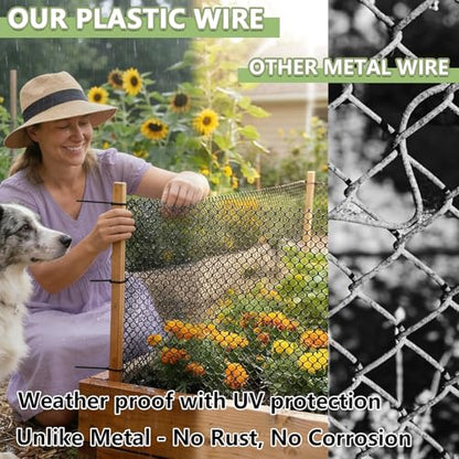 15.7" x 50' Plastic Mesh Fence Roll - Heavy Duty Chicken Wire Mesh Fence - Upgraded Thick Animal Barrier for Garden, Balcony Railing Safety Net, Poultry Netting with 20 Zip Ties, Black - size: 15.7" x 50'